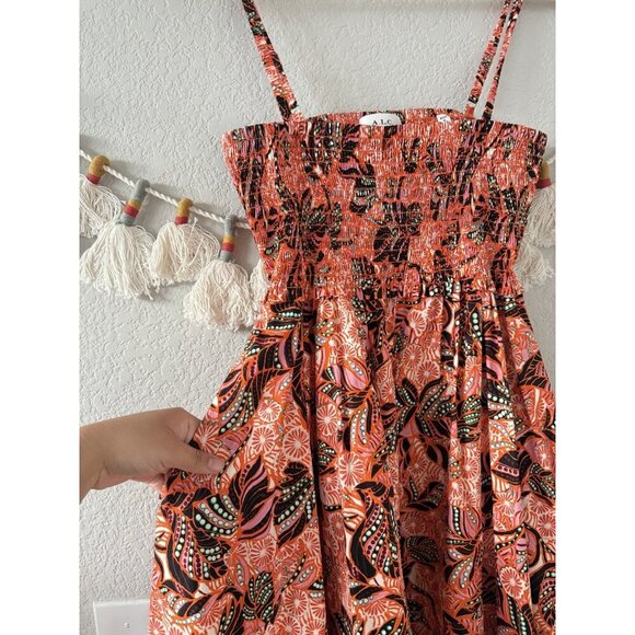 A.L.C. Adriana Handkerchief Hem Paisley Orange Open Back Smocked Midi Dress 6 - Picture 9 of 13